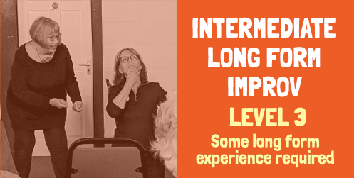 banner for Intermediate Long Form Improv showing class name and photo of peole improvising