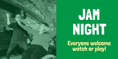 banner for Jam Night showing class name and photo of peole improvising