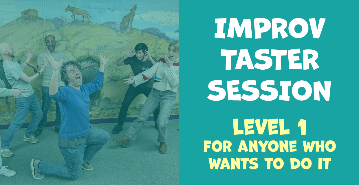 banner for Improv Taster Session showing class name and people improvising