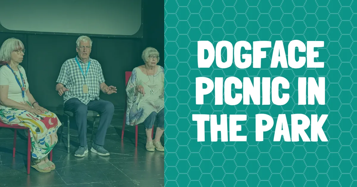banner for Dogface Picnic in the park showing class name and people improvising