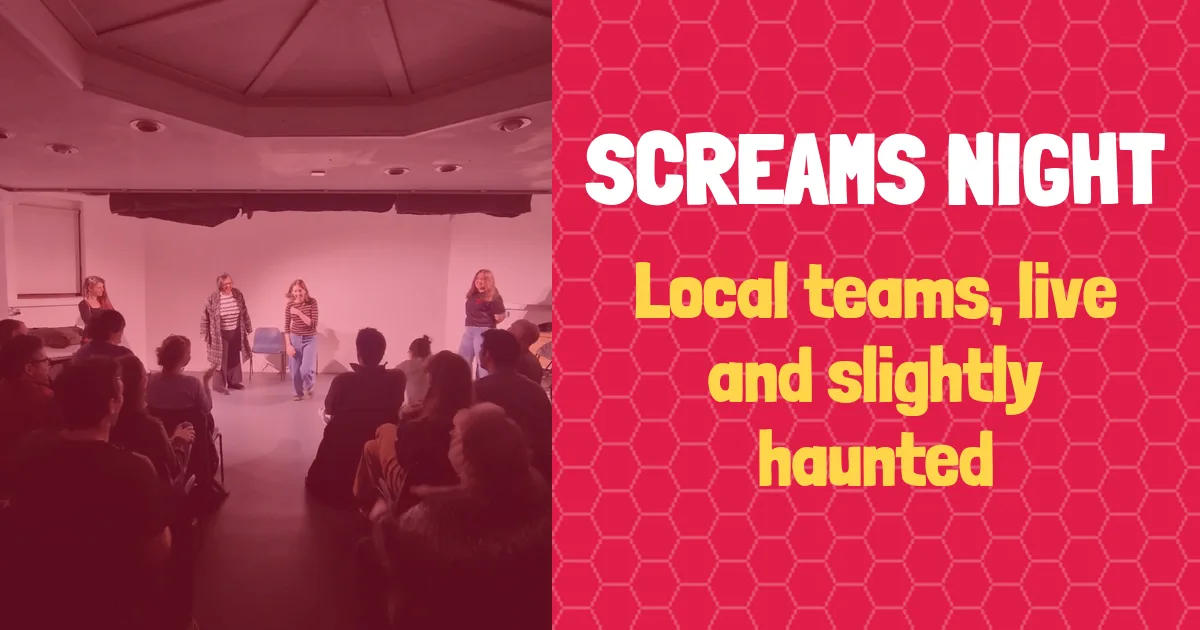 banner for Screams Night showing class name and people improvising