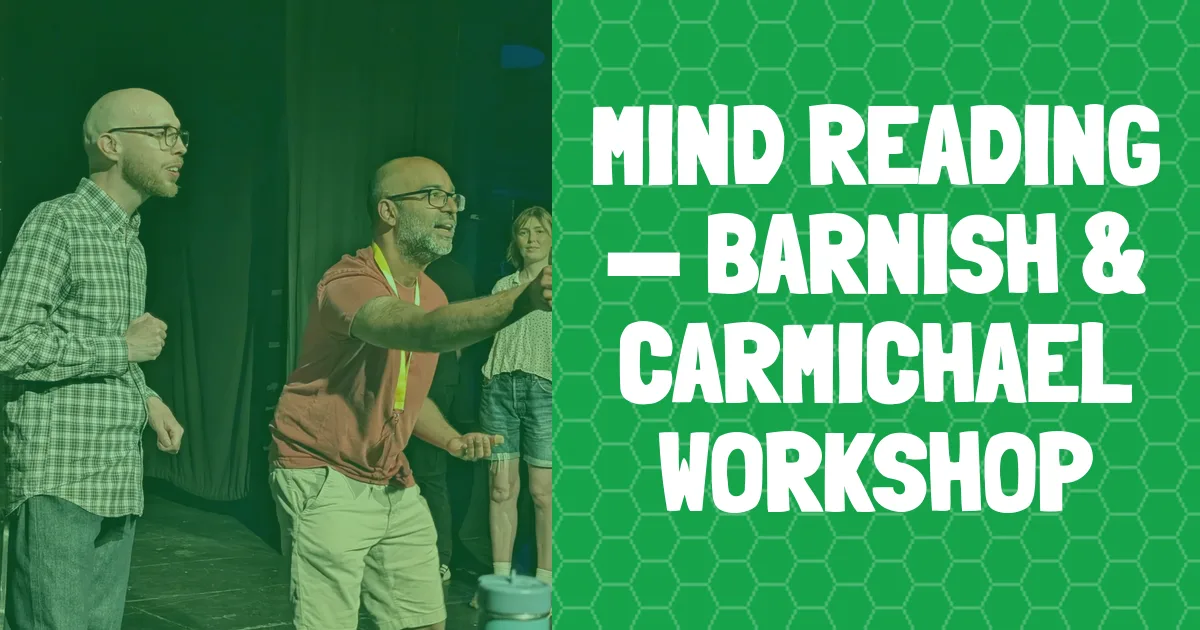 banner for Mind Reading — Barnish & Carmichael workshop showing class name and people improvising